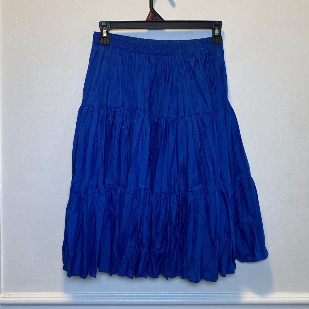 Vintage Western Boho Peasant Fem Blue Tiered Crinkled Midi Skirt Malco Modes S